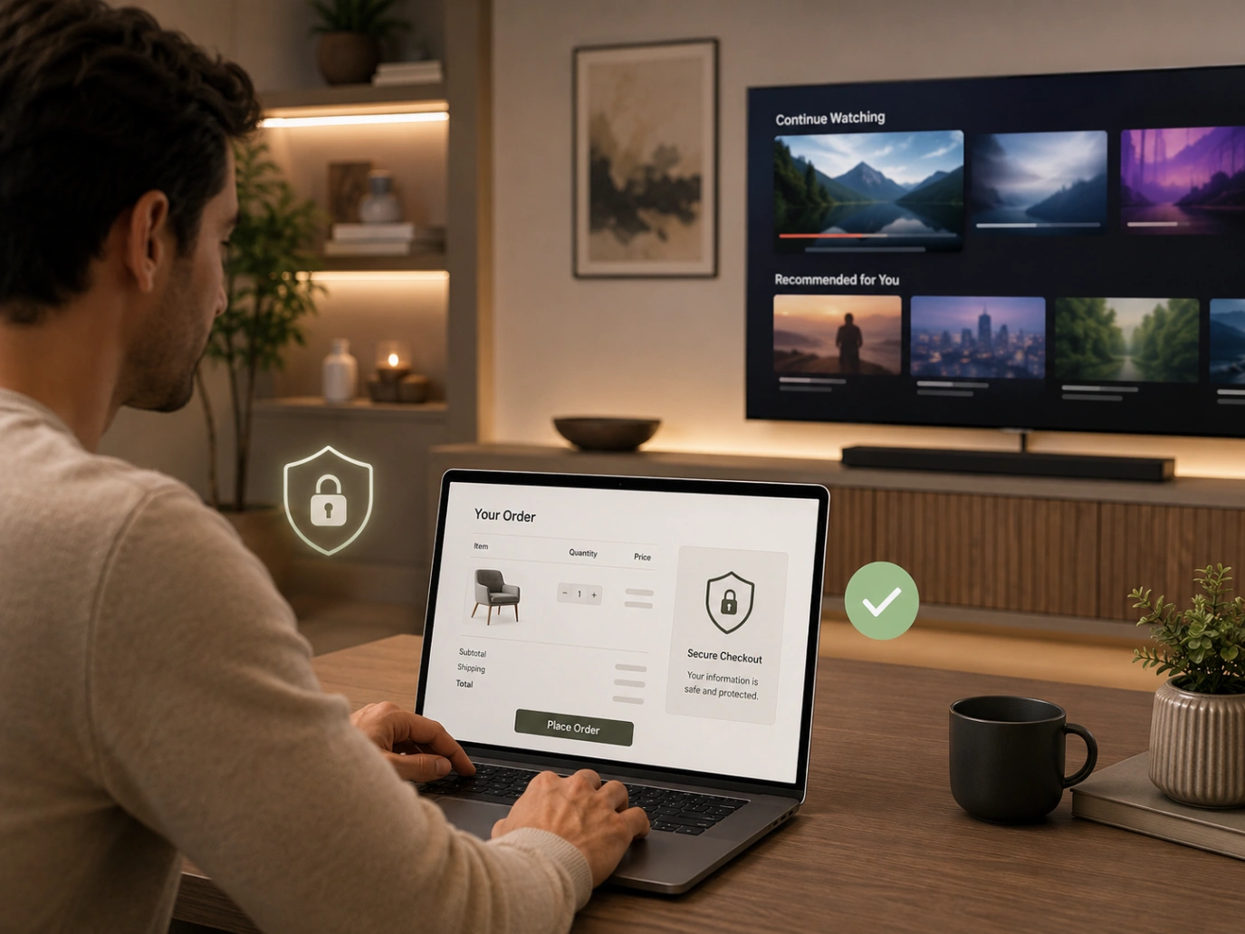 Atlas Pro ONTV Achat Confiance Totale avec ordinateur, bouclier et télévision.
