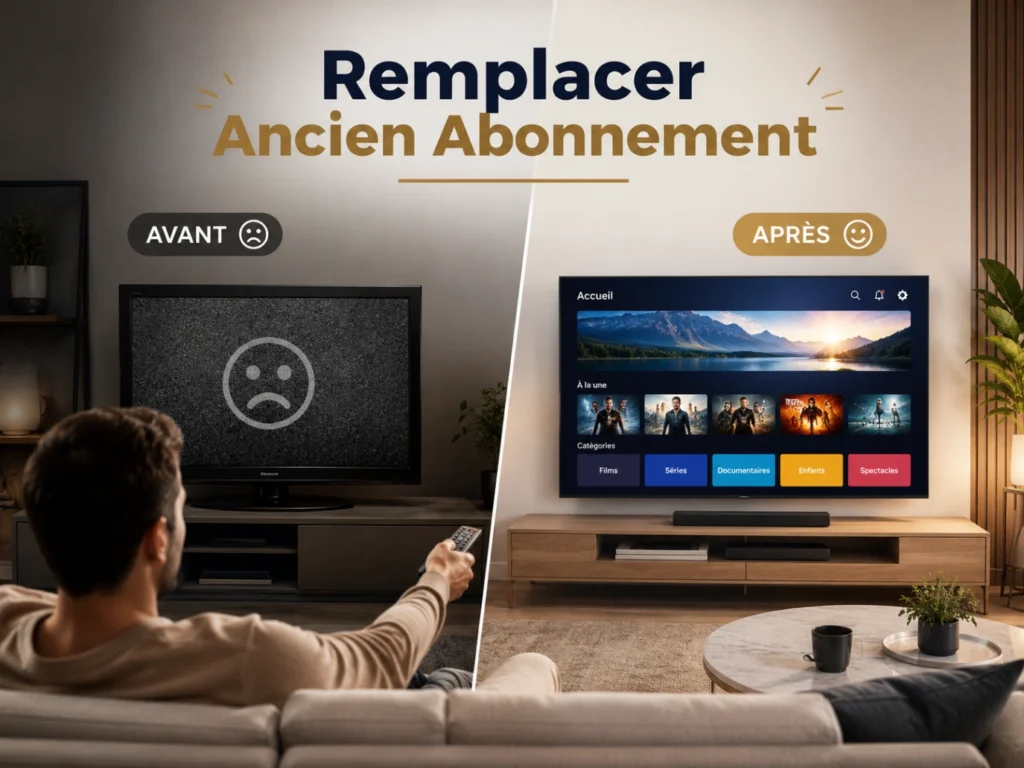 Atlas Pro ONTV Remplacer Ancien Abonnement avec comparaison avant après dans un salon moderne.