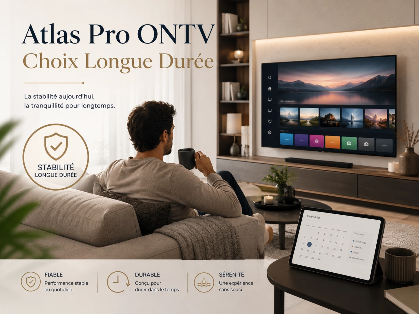 Atlas Pro ONTV Choix Longue Durée avec calendrier et télévision moderne.