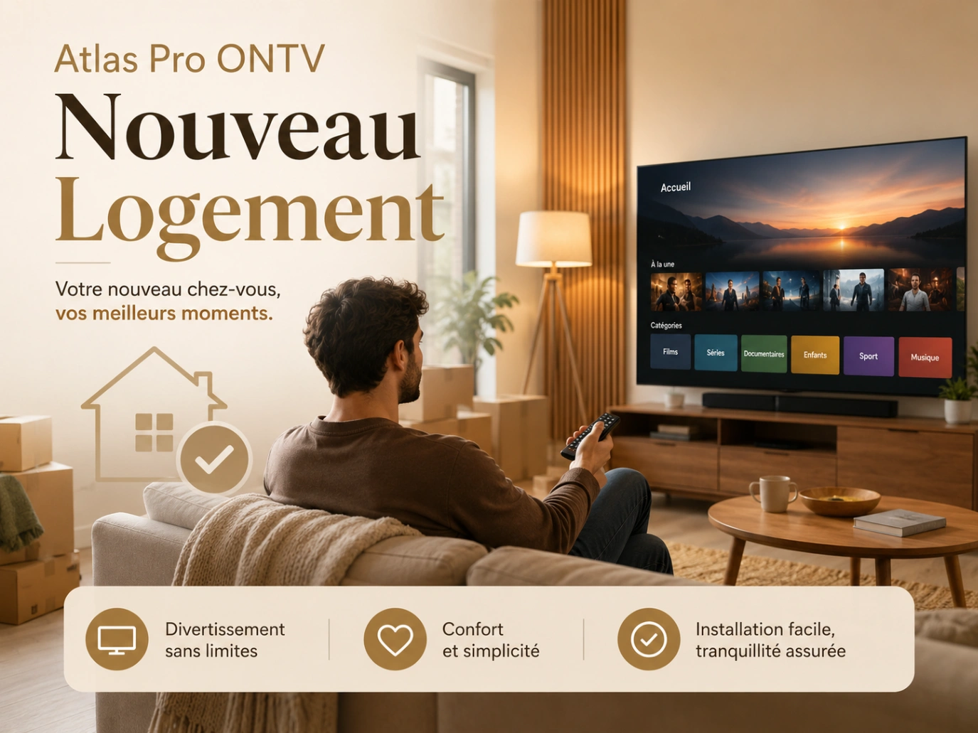 Atlas Pro ONTV Nouveau Logement avec télévision prête dans un salon neuf.
