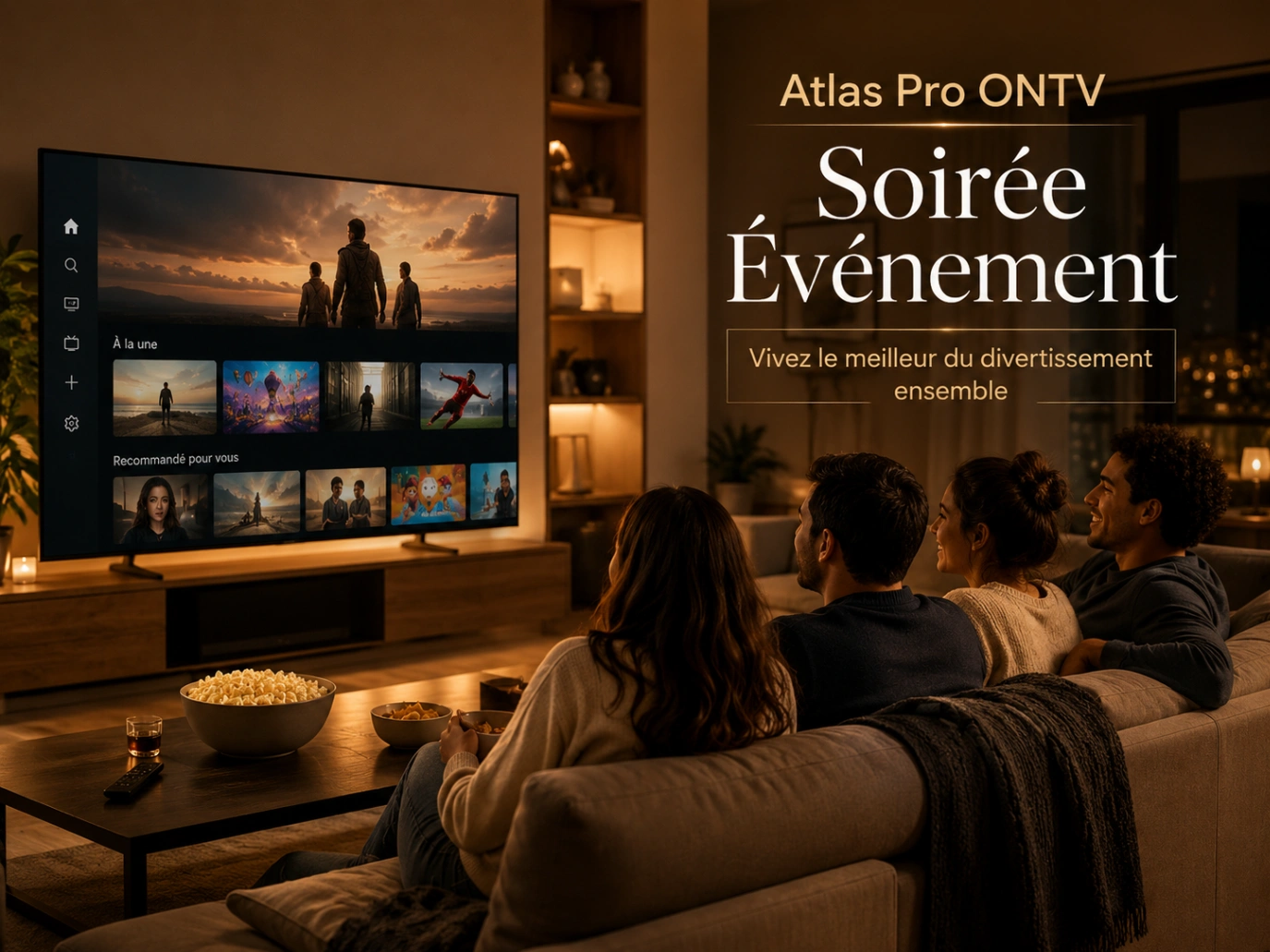 Atlas Pro ONTV Soirée Événement avec salon prêt et télévision moderne.