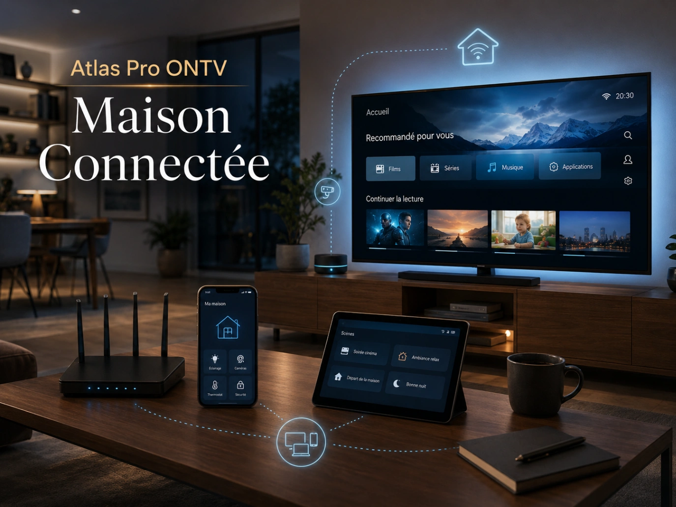 Atlas Pro ONTV Maison Connectée avec Smart TV, tablette et Wi-Fi.
