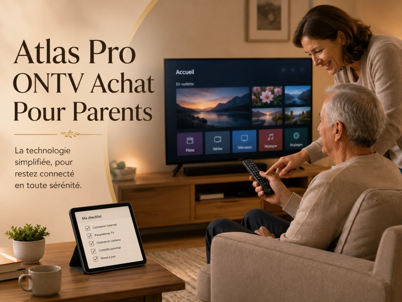 Atlas Pro ONTV Achat Pour Parents avec aide simple devant télévision.