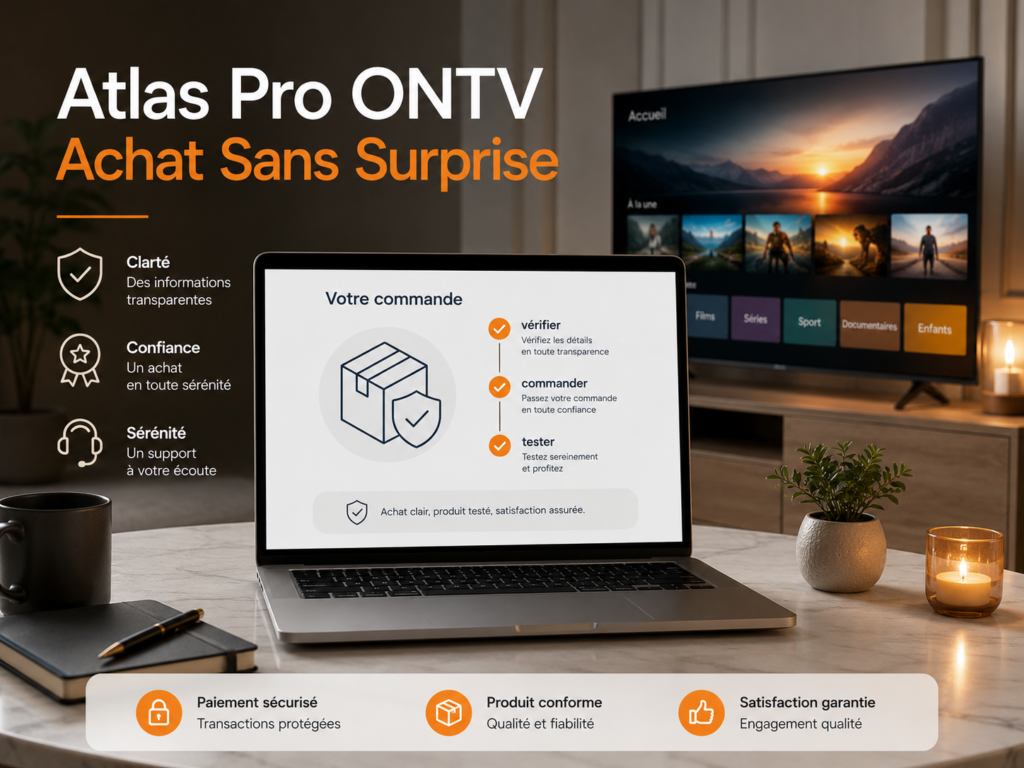 Atlas Pro ONTV Achat Sans Surprise avec checklist et télévision moderne.