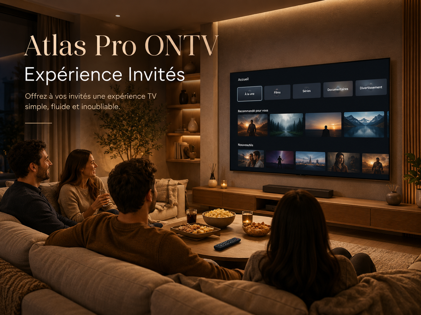 Atlas Pro ONTV Expérience Invités avec salon convivial et télévision prête.