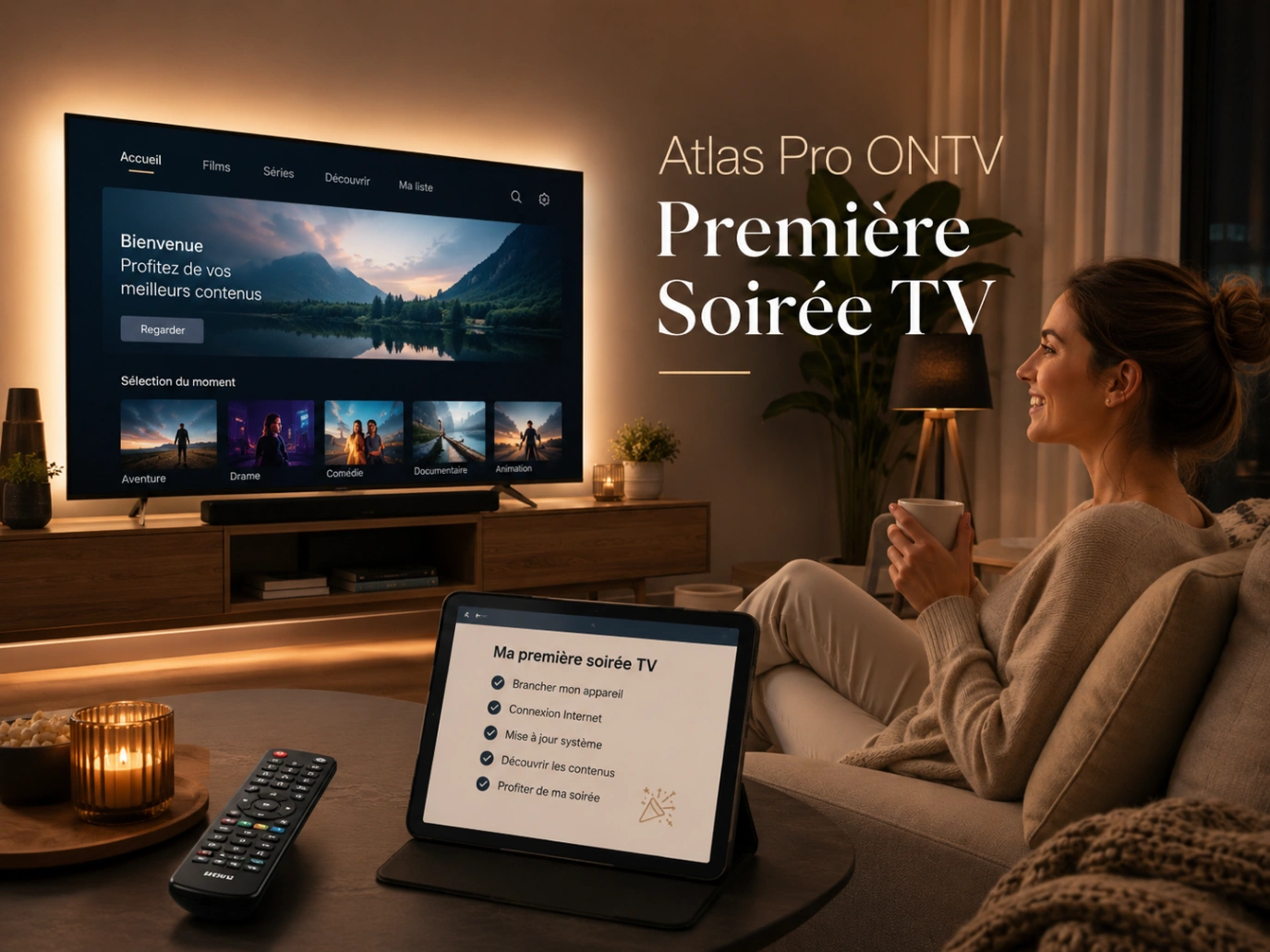 Atlas Pro ONTV Première Soirée TV avec écran prêt et salon chaleureux.