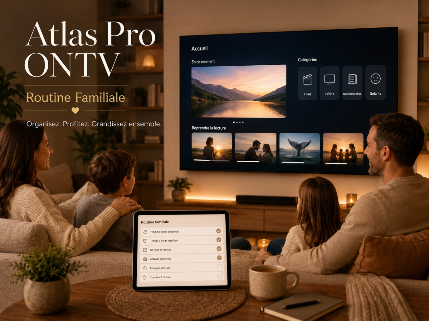 Atlas Pro ONTV Routine Familiale avec famille dans un salon moderne.
