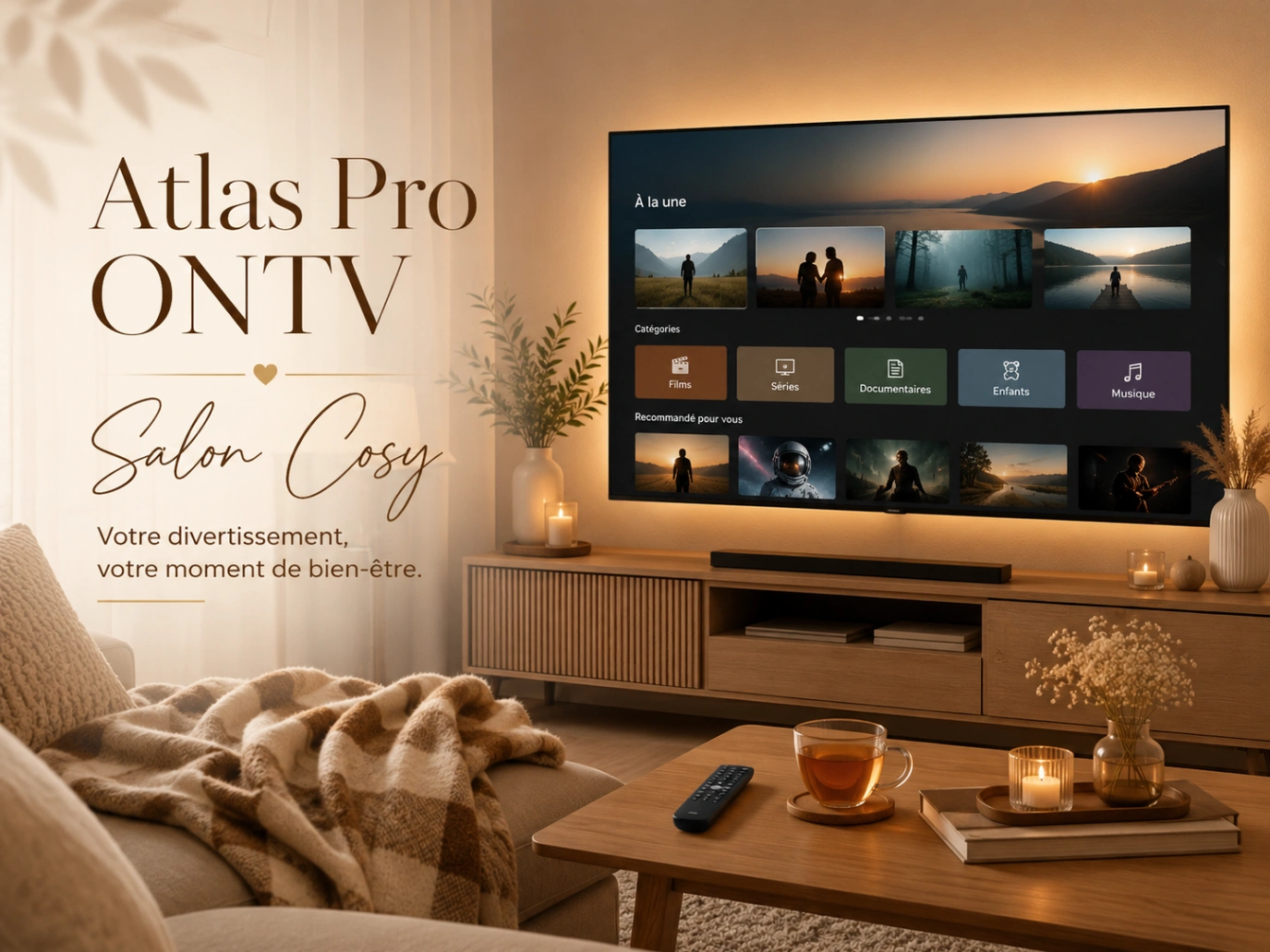 Atlas Pro ONTV Salon Cosy avec salon chaleureux et télévision moderne.