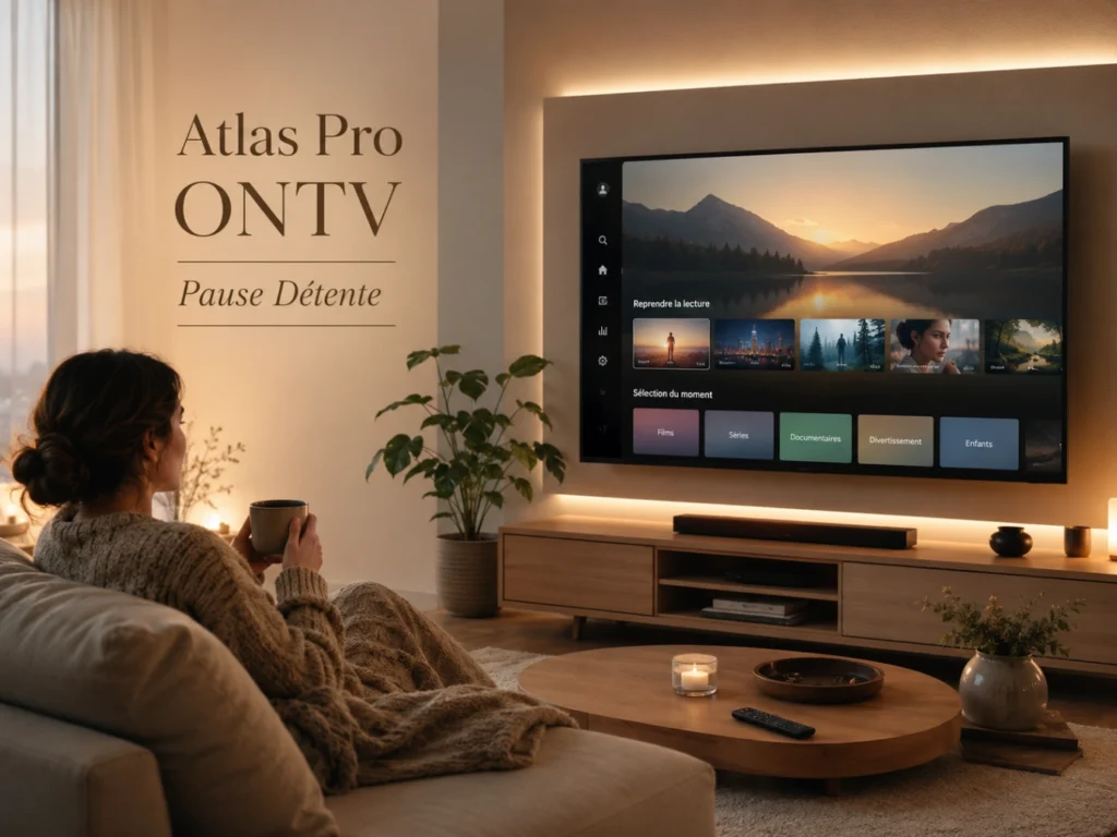 Atlas Pro ONTV Pause Détente avec salon moderne, télévision prête et ambiance calme.