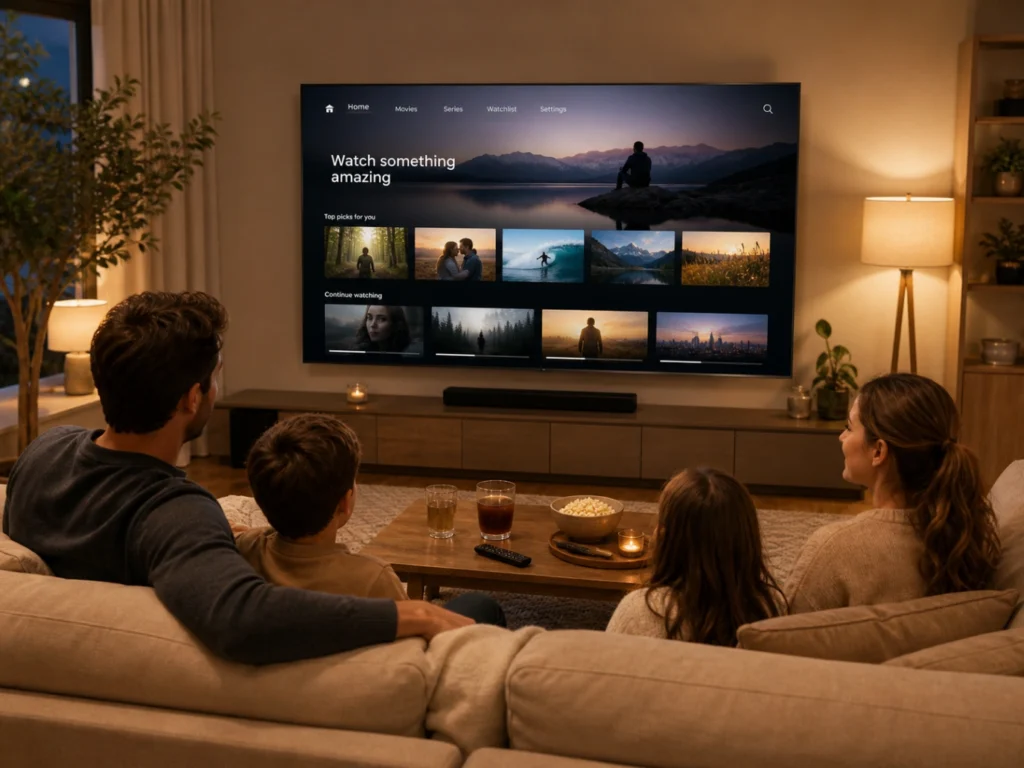 Première soirée TV avec Atlas Pro ONTV dans un salon chaleureux.