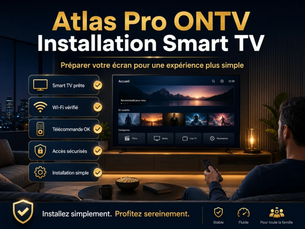 Atlas Pro ONTV Installation Smart TV avec checklist et télévision moderne.