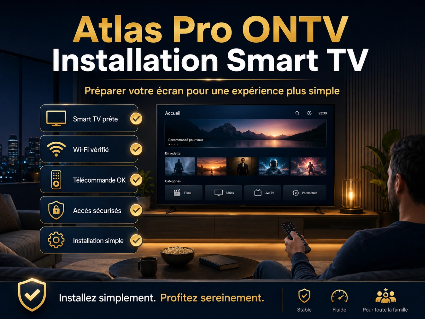 Atlas Pro ONTV Installation Smart TV avec checklist et télévision moderne.