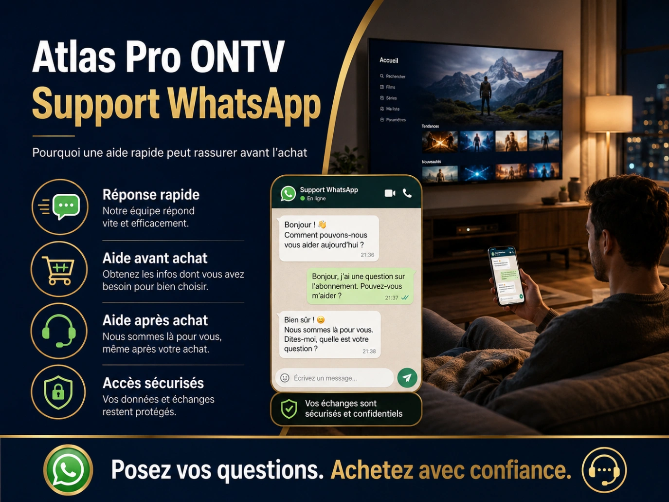 Atlas Pro ONTV Support WhatsApp avec smartphone, message support et télévision moderne.