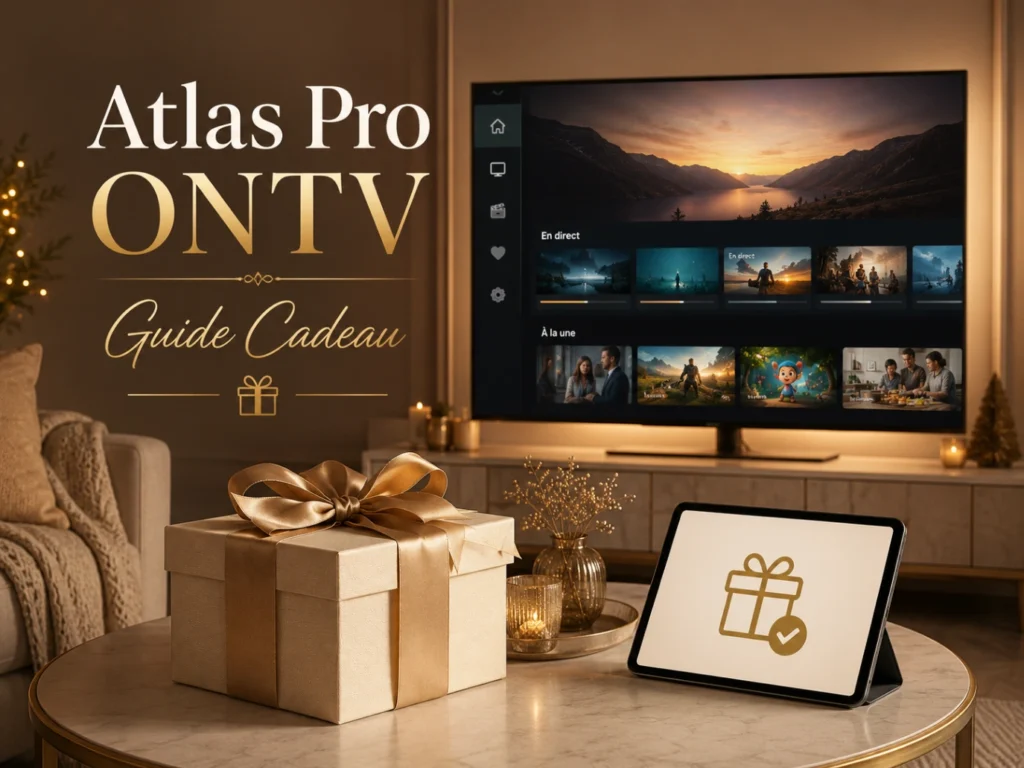 Atlas Pro ONTV Guide Cadeau avec télévision moderne et boîte cadeau dans un salon chaleureux.