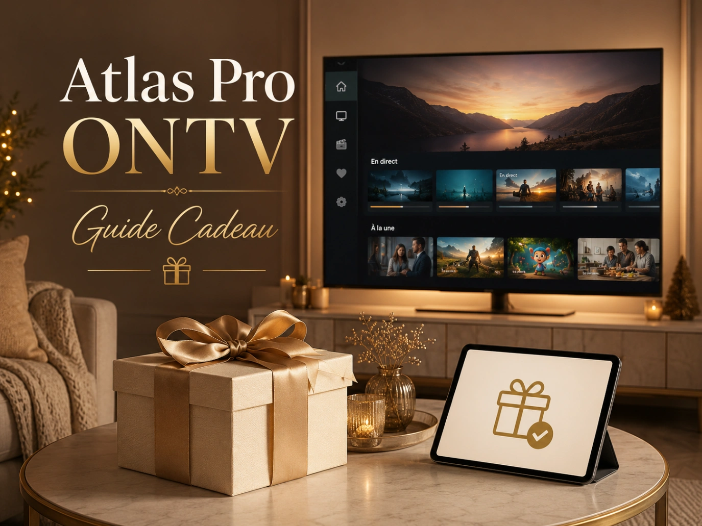 Atlas Pro ONTV Guide Cadeau avec télévision moderne et boîte cadeau dans un salon chaleureux.