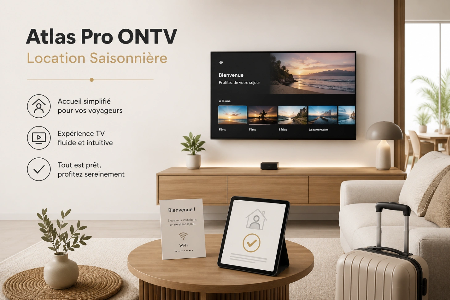 Atlas Pro ONTV Location Saisonnière avec appartement moderne et télévision prête pour visiteurs.