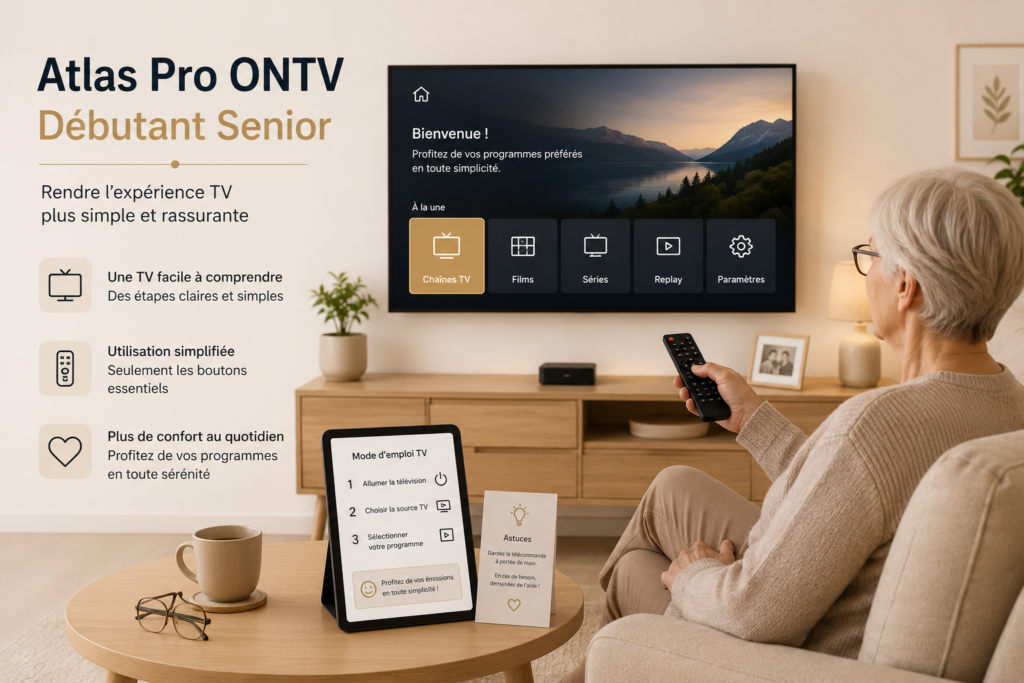 Atlas Pro ONTV Débutant Senior avec personne senior et télévision moderne simple.