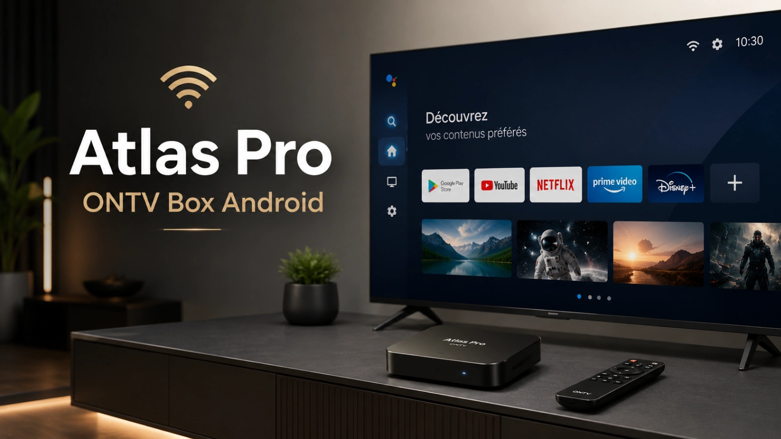 Atlas Pro ONTV Box Android avec télévision moderne, box TV et checklist.