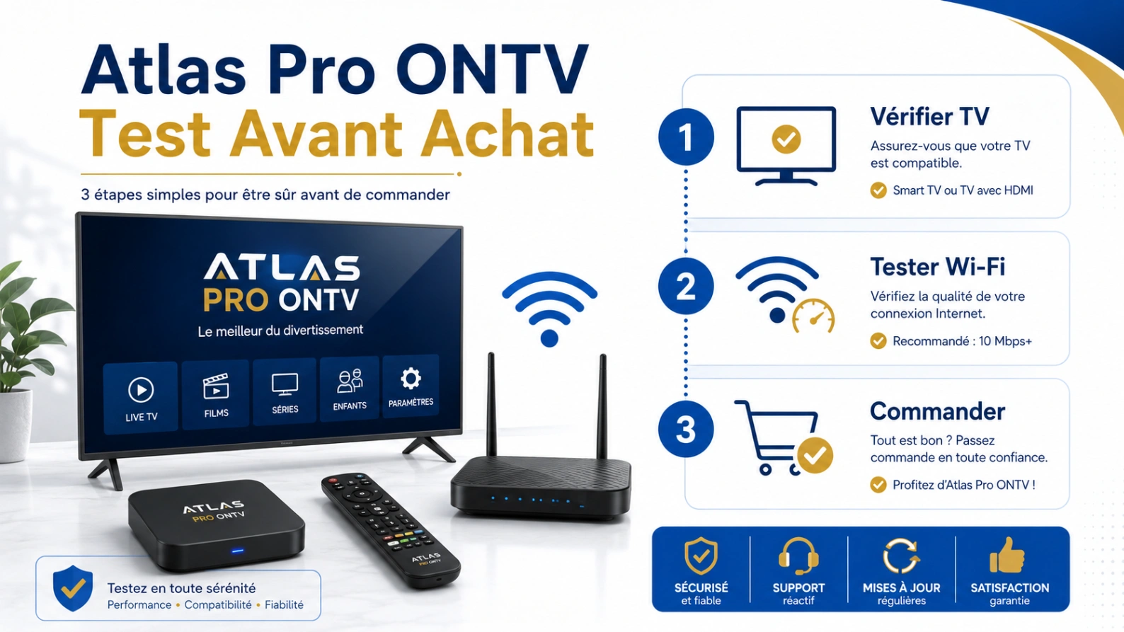 Illustration Atlas Pro ONTV test avant achat avec Smart TV, Wi-Fi, boîtier streaming et checklist de vérification.