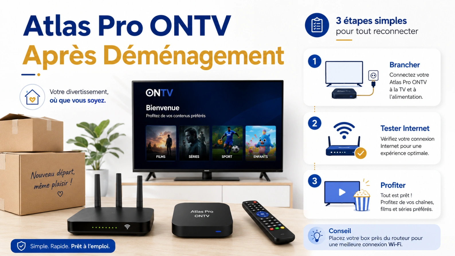Illustration Atlas Pro ONTV après déménagement avec cartons, Smart TV, routeur Wi-Fi et checklist d’installation.