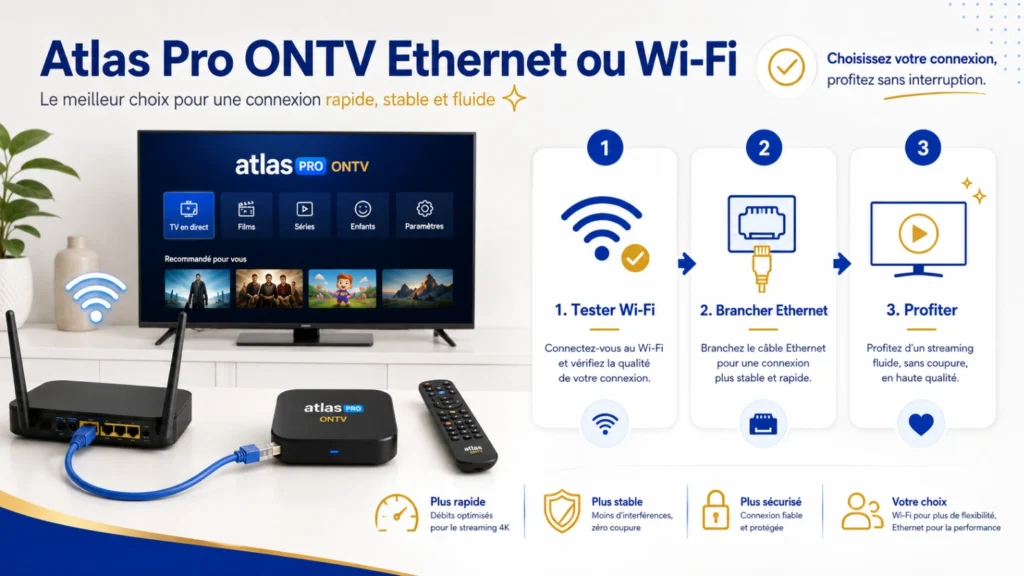 Illustration Atlas Pro ONTV Ethernet ou Wi-Fi avec Smart TV, câble réseau, routeur, Wi-Fi et checklist de stabilité.