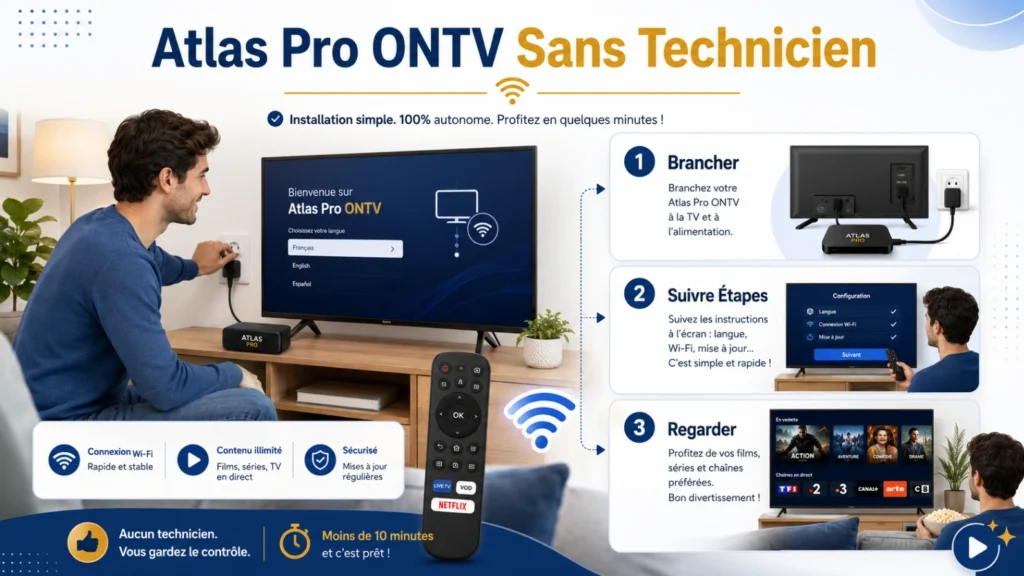 Illustration Atlas Pro ONTV sans technicien avec Smart TV, télécommande, étapes simples et icônes d’installation.