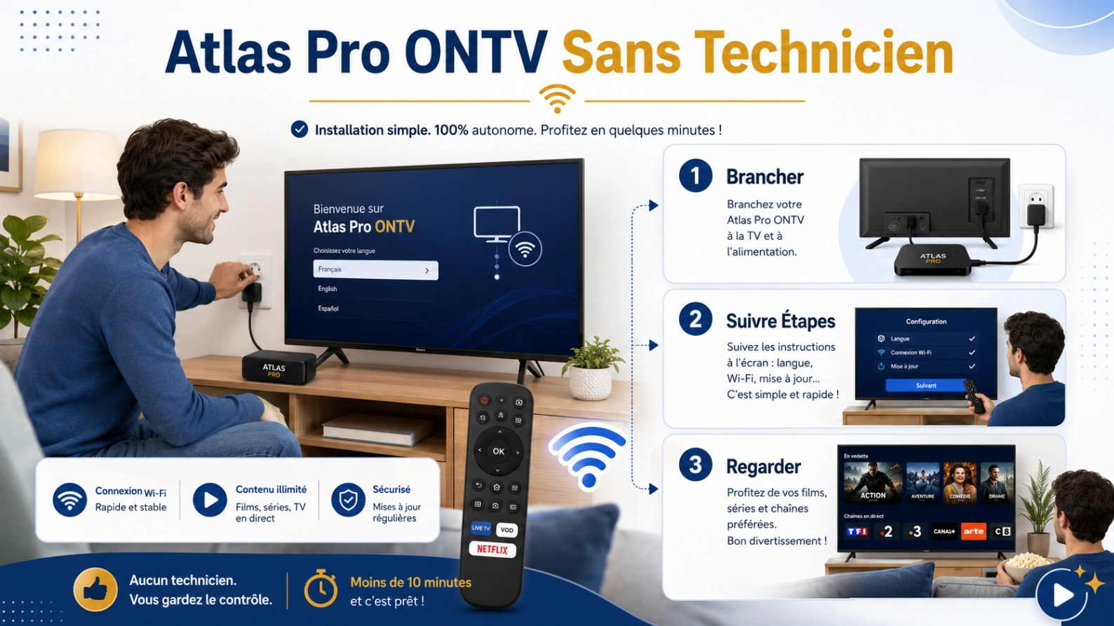 Illustration Atlas Pro ONTV sans technicien avec Smart TV, télécommande, étapes simples et icônes d’installation.