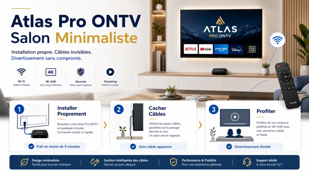 Illustration Atlas Pro ONTV salon minimaliste avec Smart TV murale, meuble épuré, Wi-Fi discret et télécommande.