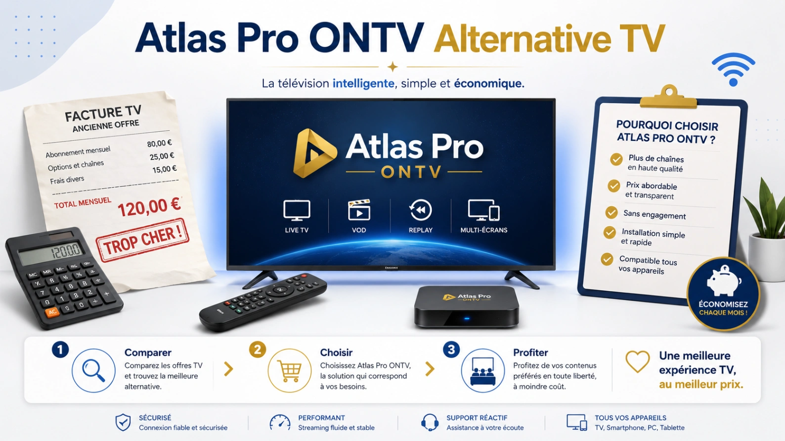 Illustration Atlas Pro ONTV pour remplacer un abonnement TV cher avec facture, calculatrice, Smart TV et checklist de comparaison.