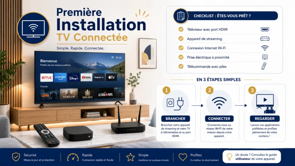 Illustration Atlas Pro ONTV première installation TV connectée avec Smart TV, routeur Wi-Fi, appareil streaming et checklist simple.