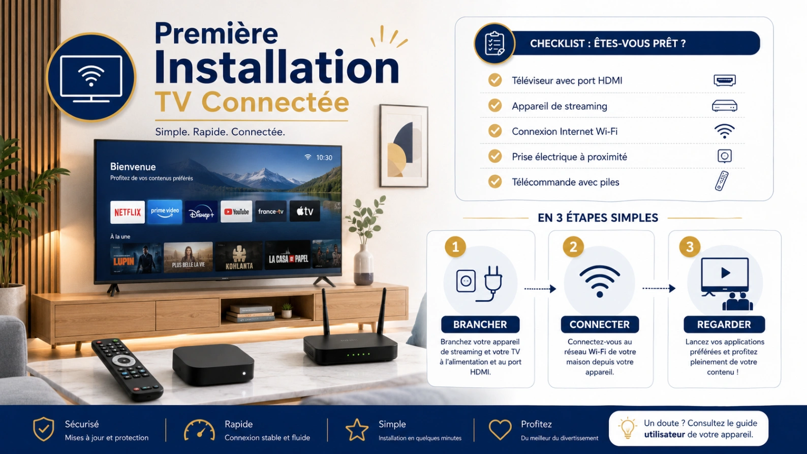 Illustration Atlas Pro ONTV première installation TV connectée avec Smart TV, routeur Wi-Fi, appareil streaming et checklist simple.