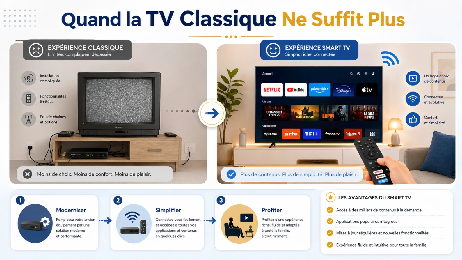 Illustration Atlas Pro ONTV quand la TV classique ne suffit plus avec comparaison ancienne télévision et Smart TV moderne.