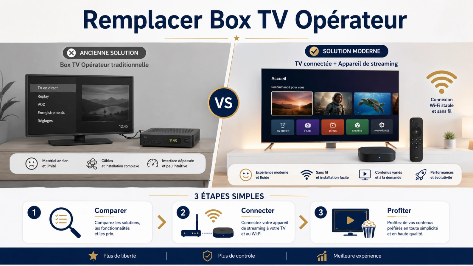 Illustration Atlas Pro ONTV pour remplacer une box TV opérateur avec Smart TV moderne, ancien boîtier TV et checklist de comparaison.