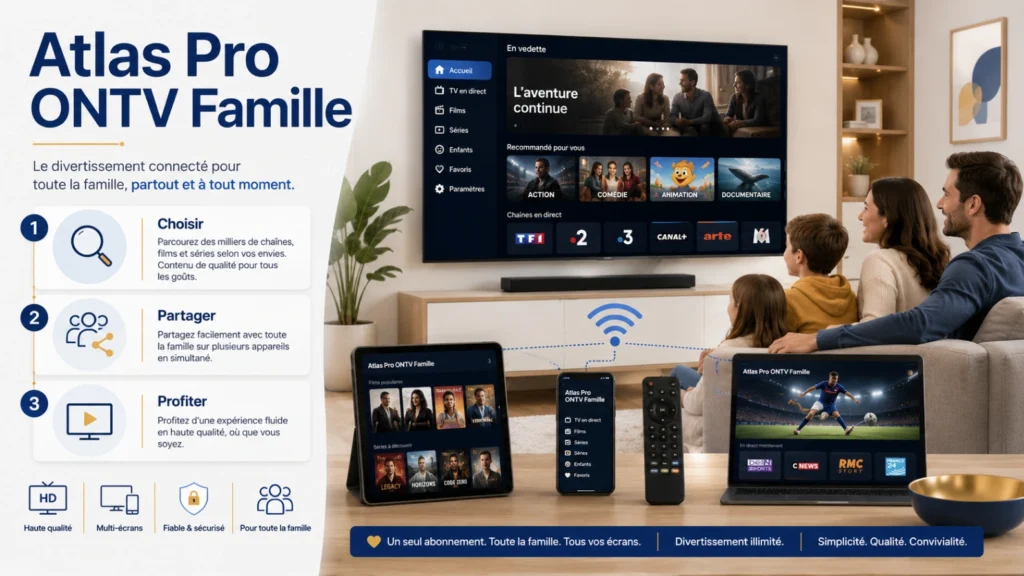 Illustration Atlas Pro ONTV famille contenus différents avec Smart TV, tablette, smartphone, Wi-Fi et salon familial moderne.