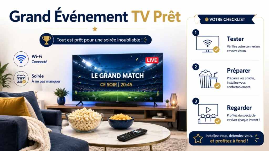 Illustration Atlas Pro ONTV grand événement TV avec Smart TV, calendrier, Wi-Fi, canapé et checklist de préparation.