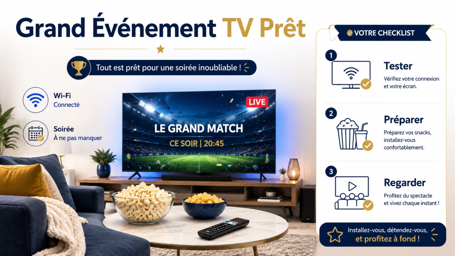 Illustration Atlas Pro ONTV grand événement TV avec Smart TV, calendrier, Wi-Fi, canapé et checklist de préparation.