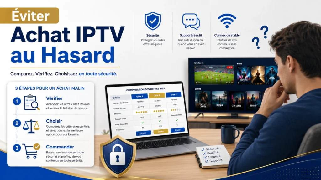 Illustration Atlas Pro ONTV éviter achat IPTV au hasard avec comparaison d’offres, Smart TV, bouclier sécurité et checklist d’achat.