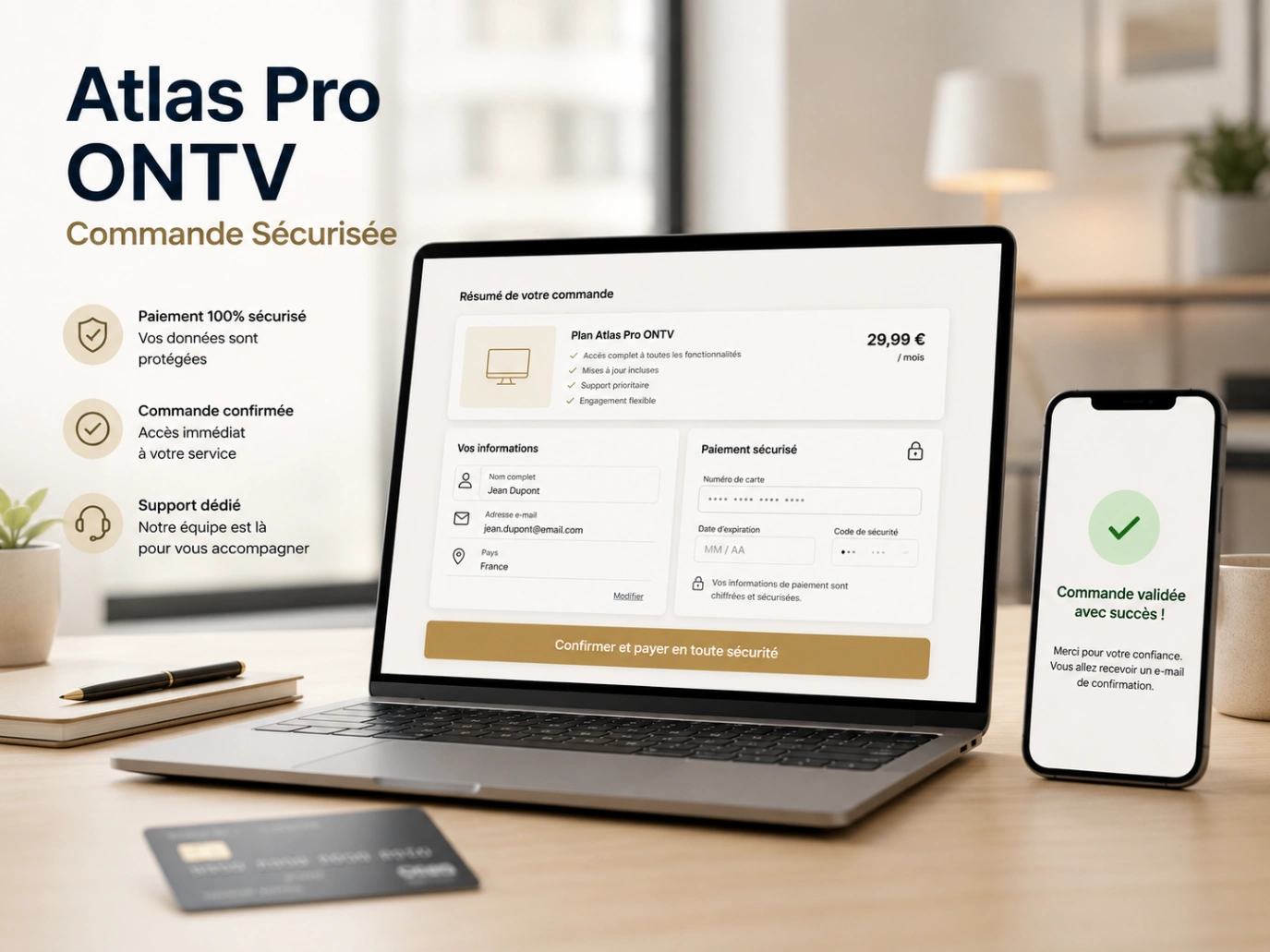 Atlas Pro ONTV Commande Sécurisée avec ordinateur, cadenas et validation.