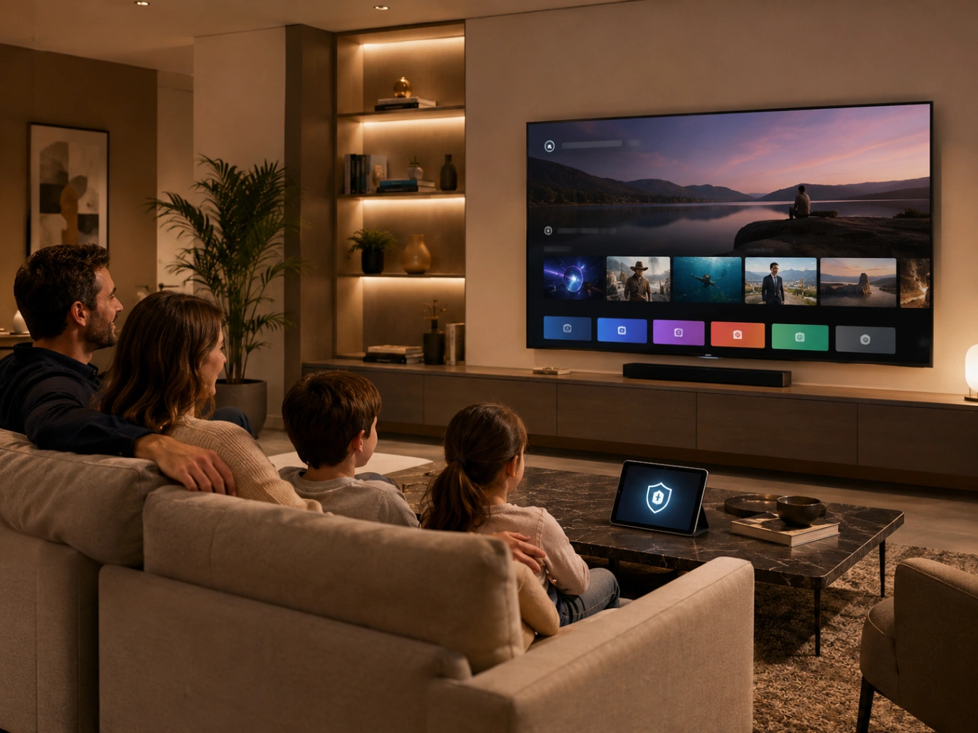 Atlas Pro ONTV Pack Confiance avec salon moderne et symbole de sécurité.