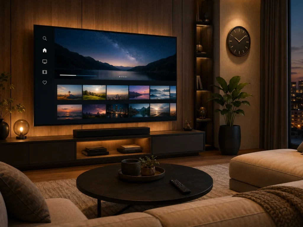 Atlas Pro ONTV Prêt Pour Ce Soir dans un salon chaleureux en soirée.