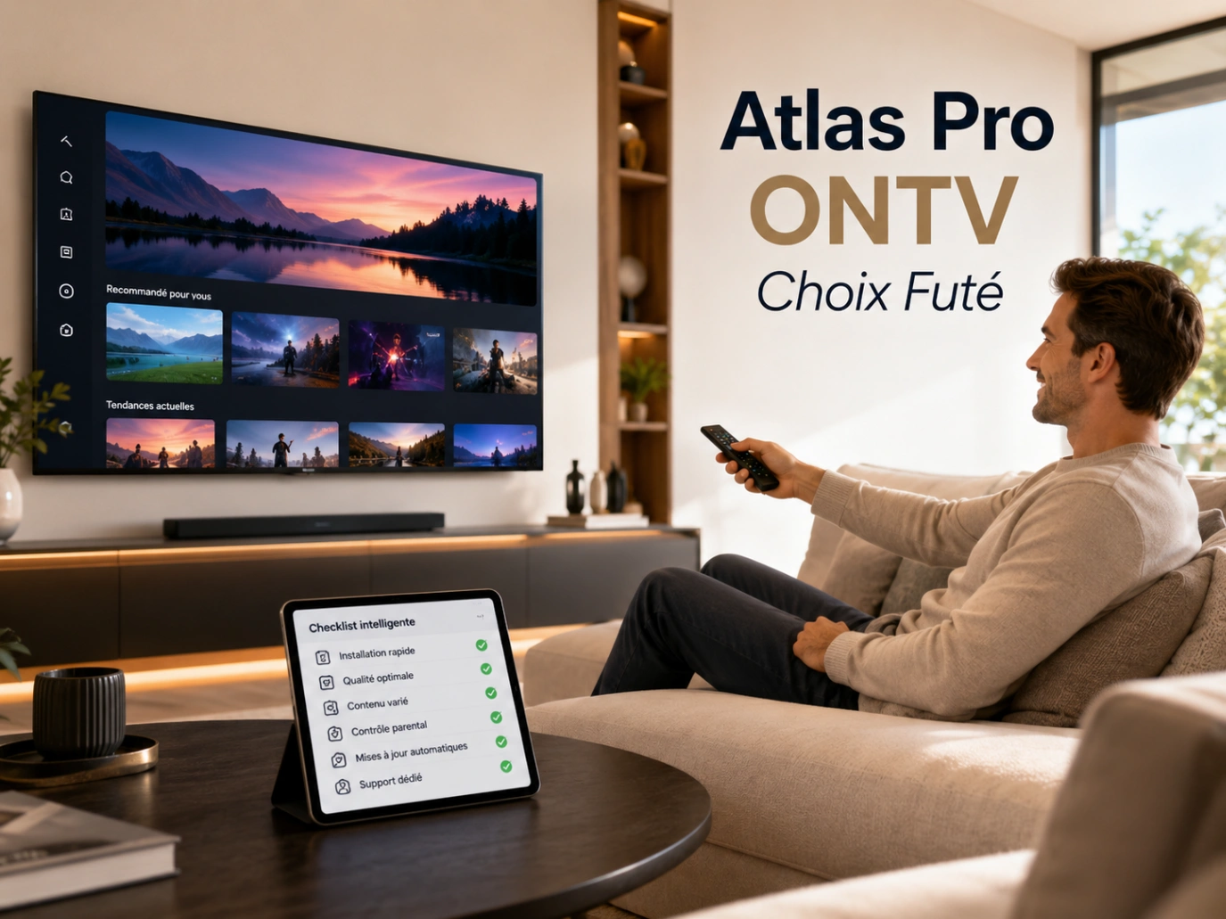 Atlas Pro ONTV Choix Futé avec checklist et télévision moderne.