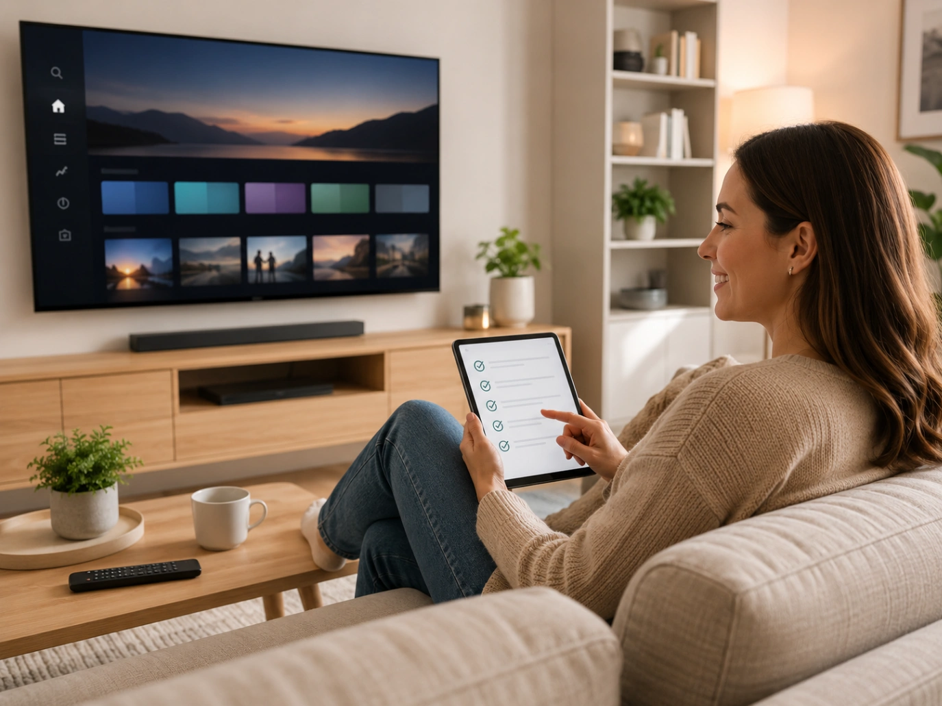 Atlas Pro ONTV Solution TV Pratique dans un salon moderne et organisé.