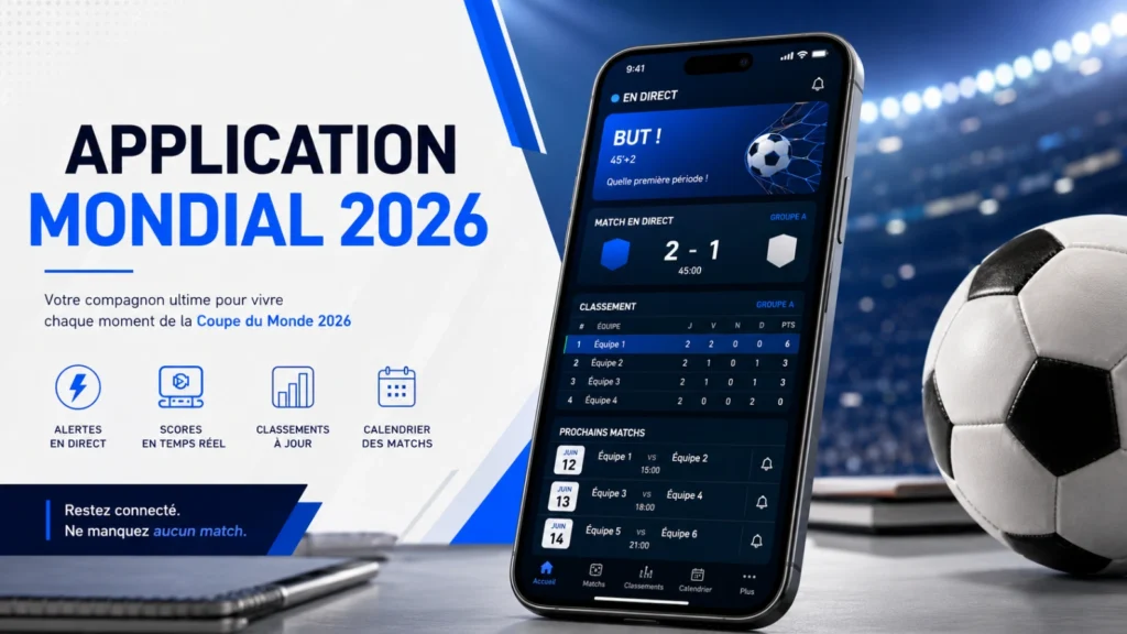 Illustration d’une application Coupe du Monde 2026 avec smartphone, alertes de matchs, scores en direct et calendrier football.