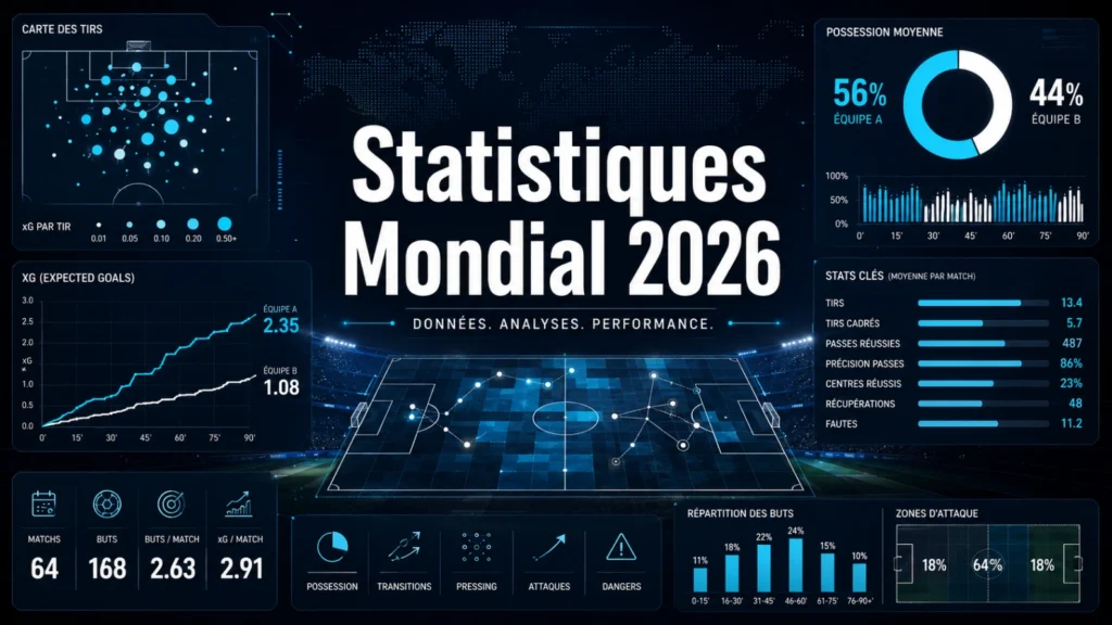 Illustration des statistiques Coupe du Monde 2026 avec tableau d’analyse, graphiques football, carte de tirs et terrain tactique.