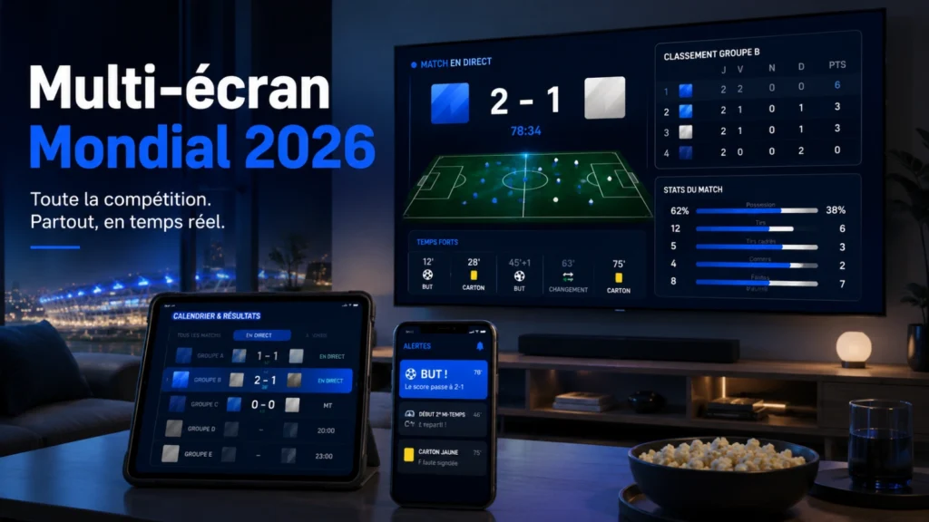 Illustration multi-écran Coupe du Monde 2026 avec Smart TV, tablette, smartphone, scores en direct et ambiance football moderne.