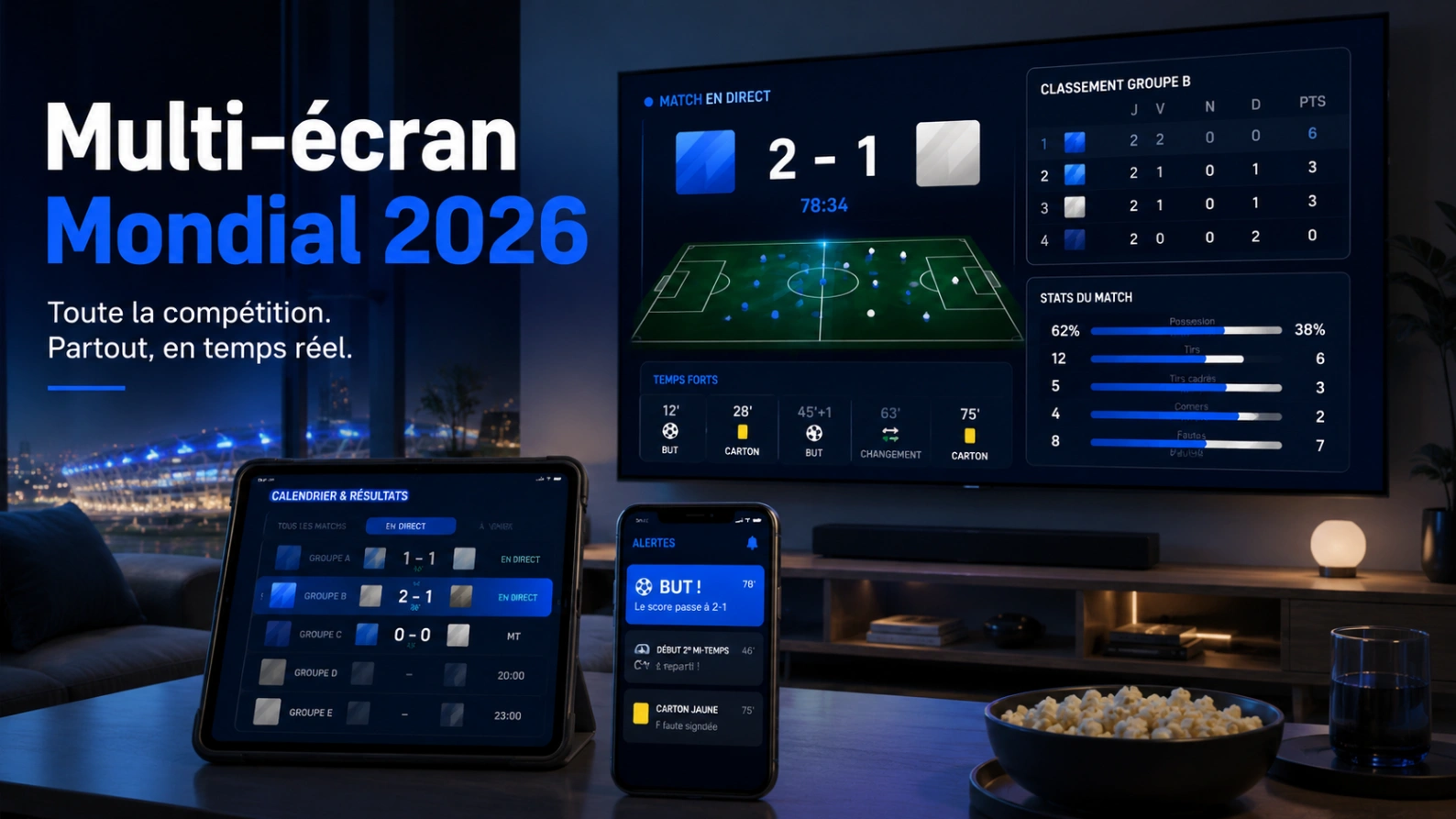 Illustration multi-écran Coupe du Monde 2026 avec Smart TV, tablette, smartphone, scores en direct et ambiance football moderne.