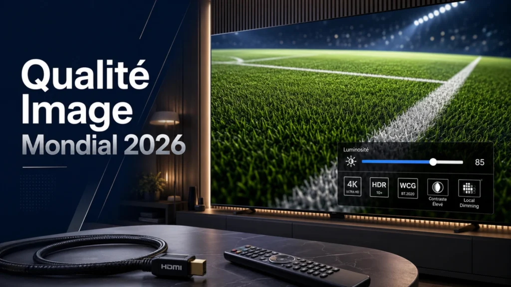 Illustration qualité image Coupe du Monde 2026 avec télévision 4K, réglages d’écran, câble HDMI et ambiance football premium.