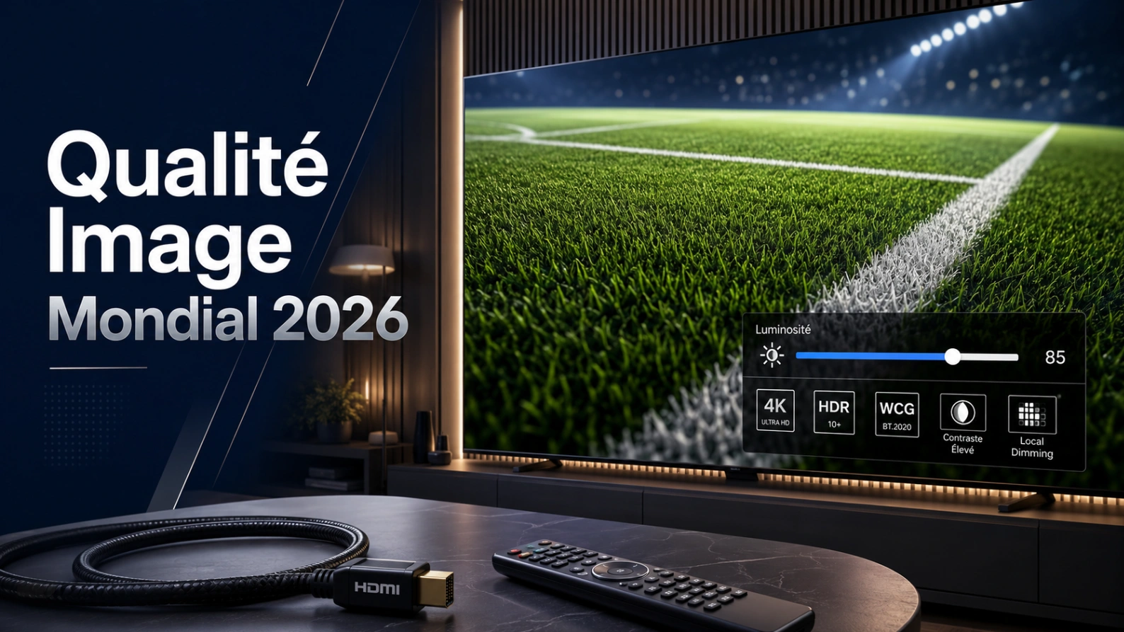 Illustration qualité image Coupe du Monde 2026 avec télévision 4K, réglages d’écran, câble HDMI et ambiance football premium.