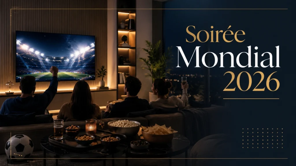 Illustration d’une soirée Coupe du Monde 2026 à la maison avec salon moderne, télévision, snacks et ambiance football conviviale.