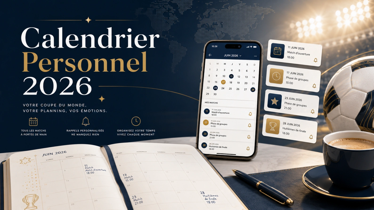 Illustration calendrier personnel Coupe du Monde 2026 avec agenda, smartphone, rappels de matchs et ballon de football.